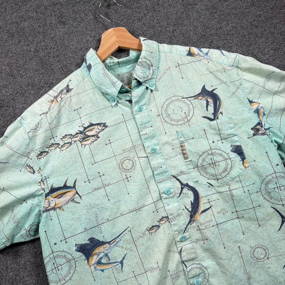 Columbia PFG Shirt Mens Medium Blue Green Nautical Map Florida Key Fish All Over